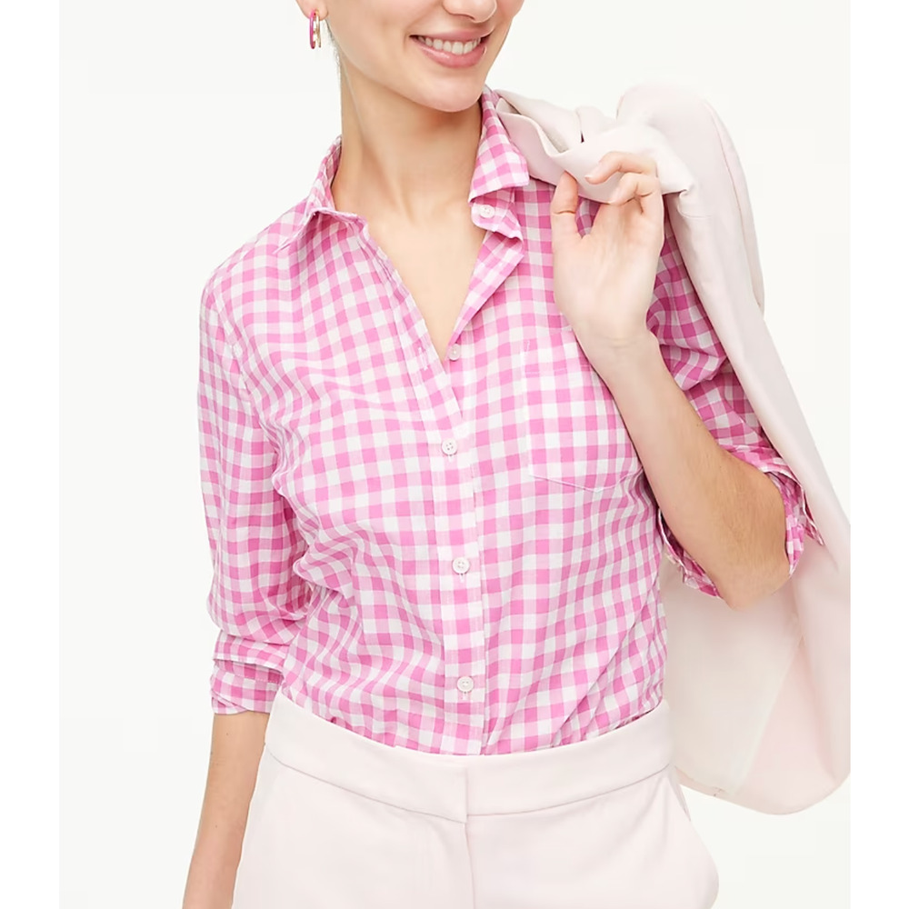 NWT J. Crew Petite gingham button-up shirt S SP signature fit Pink Blouse J.Crew
